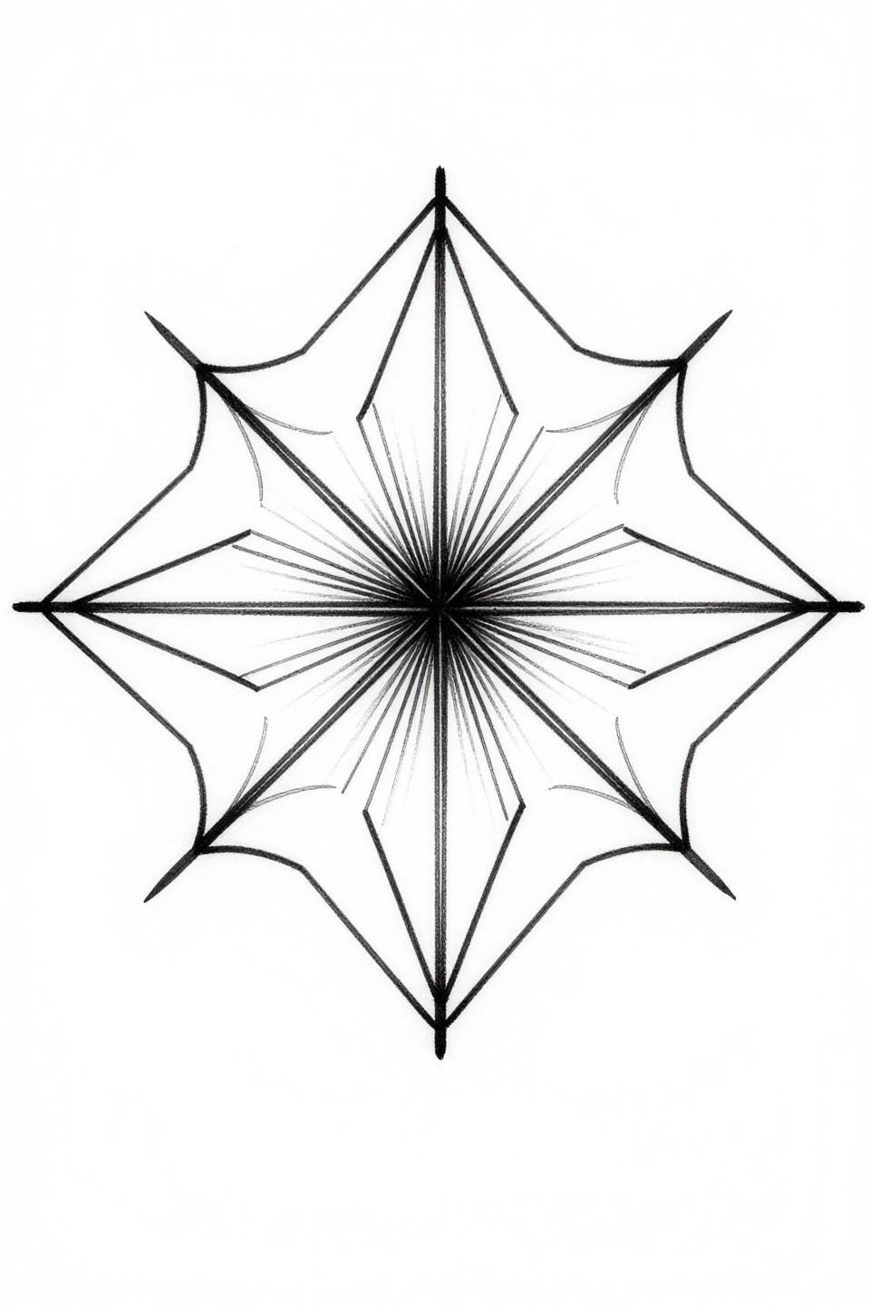 geometric universe tattoo single continuous line diamond lattice starburst flash, concentric squares 45-degree rotation radiating lines, hairline single-stroke linework no fills dense black