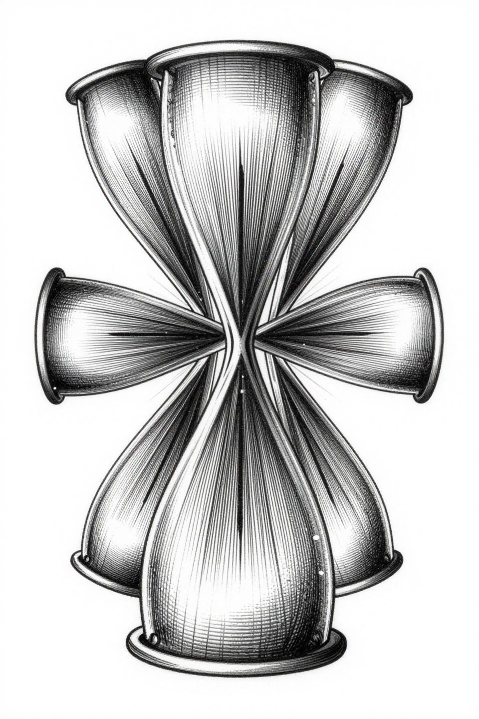 geometric art tattoo fractal hourglass engraving style flash, mirrored trapezoids 180-degree symmetry, parallel line hatching crosshatch shadow zones dense black