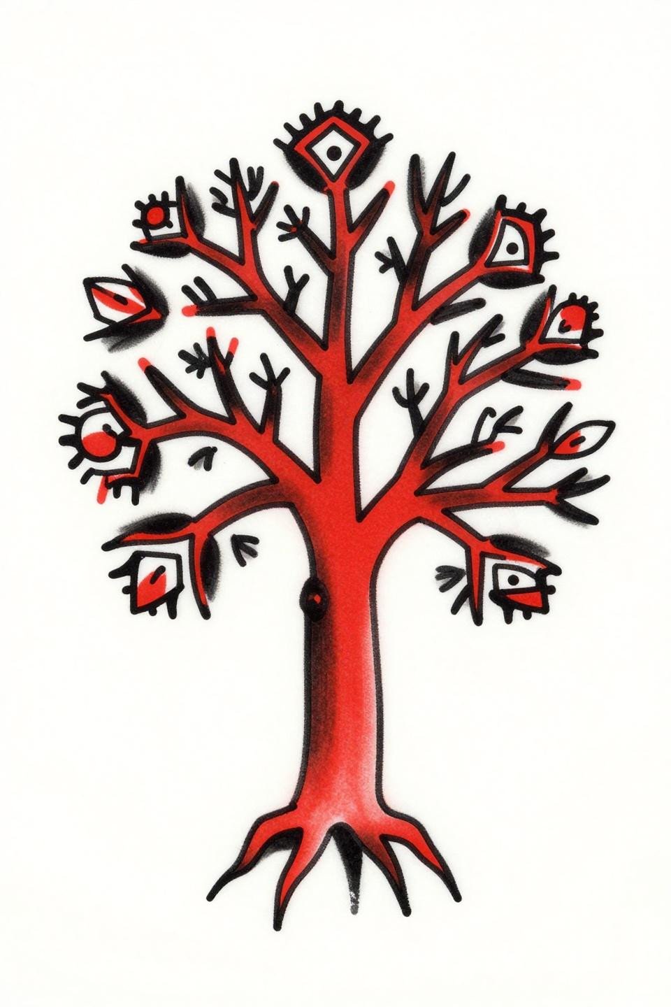 tattoo ideas geometric traditional American fractal tree flash, fibonacci branch progression, bold 2-3pt outlines flat crimson red solid black fills white paper