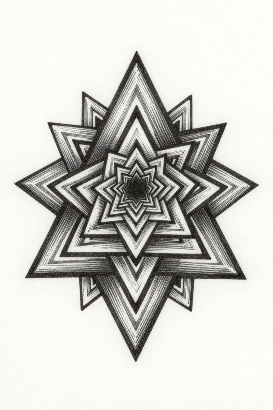 geometric tattoo pattern etching woodcut fractal triangle tessellation flash, isosceles triangles parallel line engraving dense crosshatch shadows, grey wash midtones
