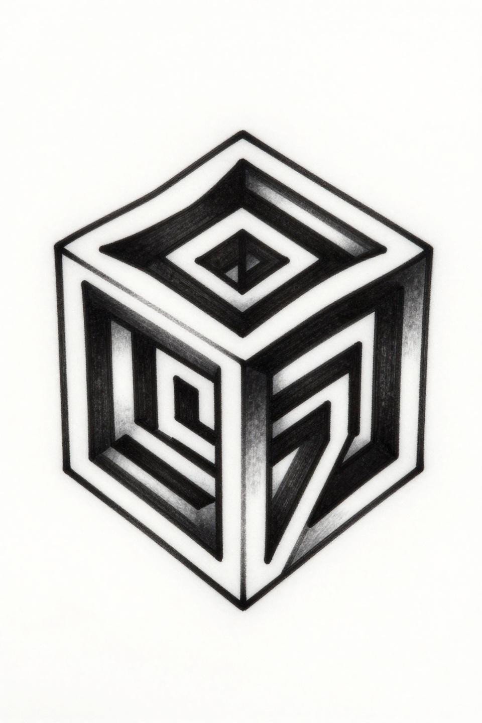 concept tattoo neo-traditional isometric cube labyrinth flash, recursive stacked geometry impossible architecture vanishing point, bold 2-3pt outlines hard-edged perspective lines dense black