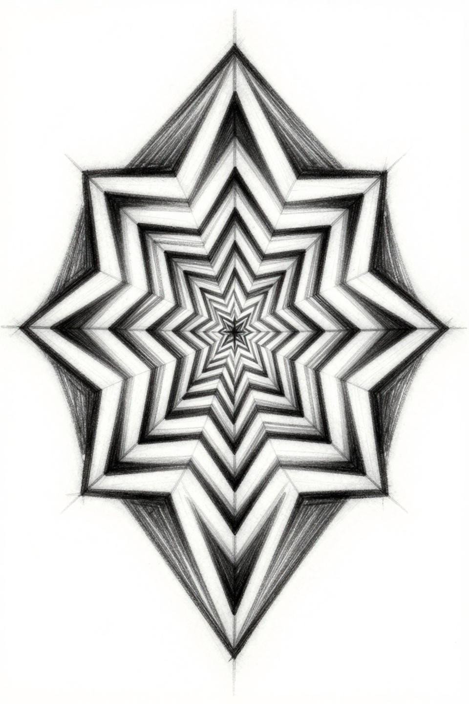 geometric universe tattoo sketch raw style diamond labyrinth flash, concentric diamonds 22.5-degree rotation kaleidoscopic star aperture, bold raw outlines flat black fills grey wash