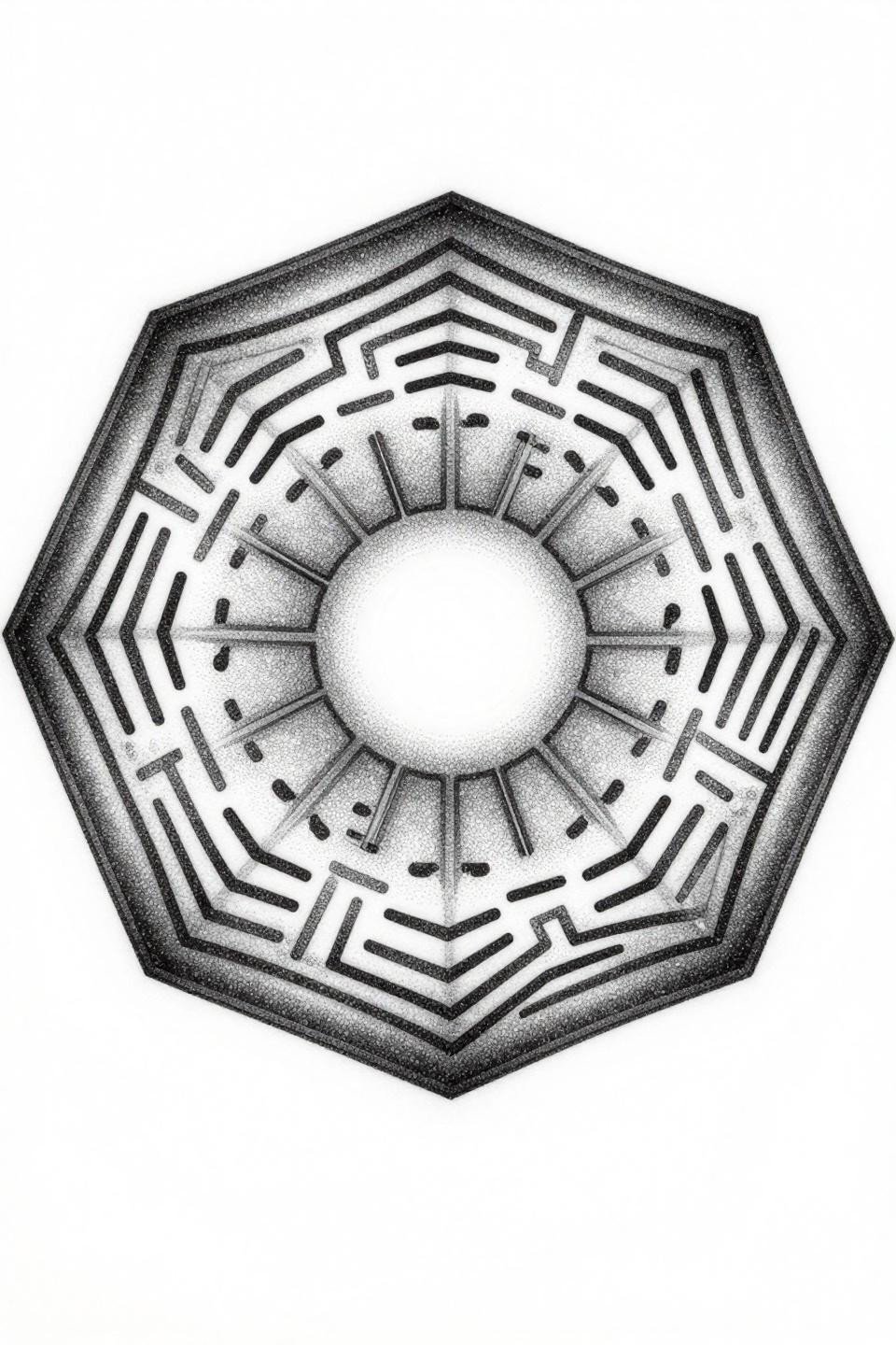 concept tattoo blackwork dotwork octagonal labyrinth flash, stipple dot gradient dense outer frame open center void, 8-fold rotational symmetry