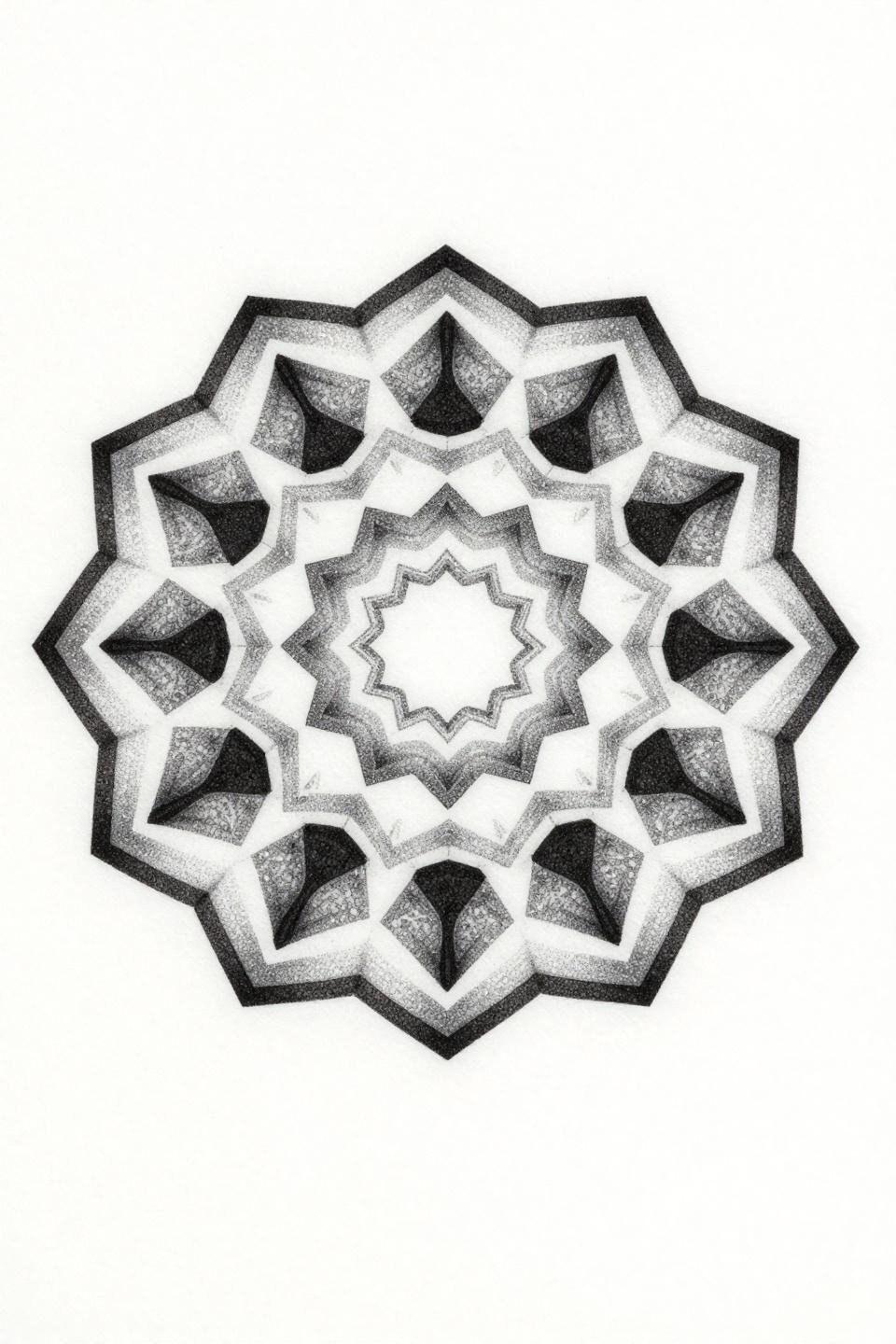 geometric tattoo pattern blackwork dotwork hexagonal grid nested triangular tessellation mandala flash, stipple dot gradient dense center open outer edges, grey wash midtones