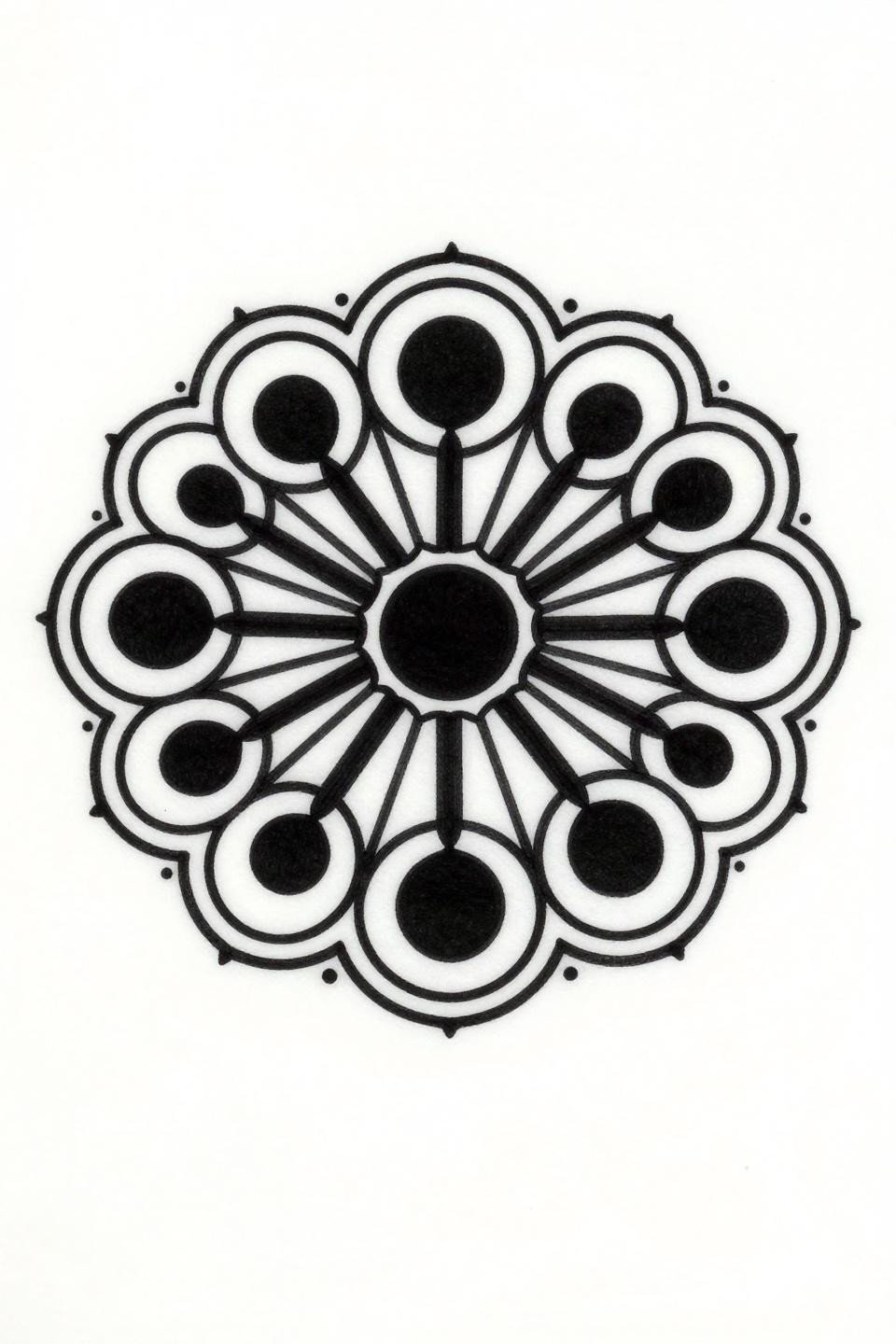 ornamental tattoo art deco flower of life mandala flash, vesica piscis chambers radial spoke grid, bold 2-3pt black outlines flat black fills strong positive-negative contrast no grey wash
