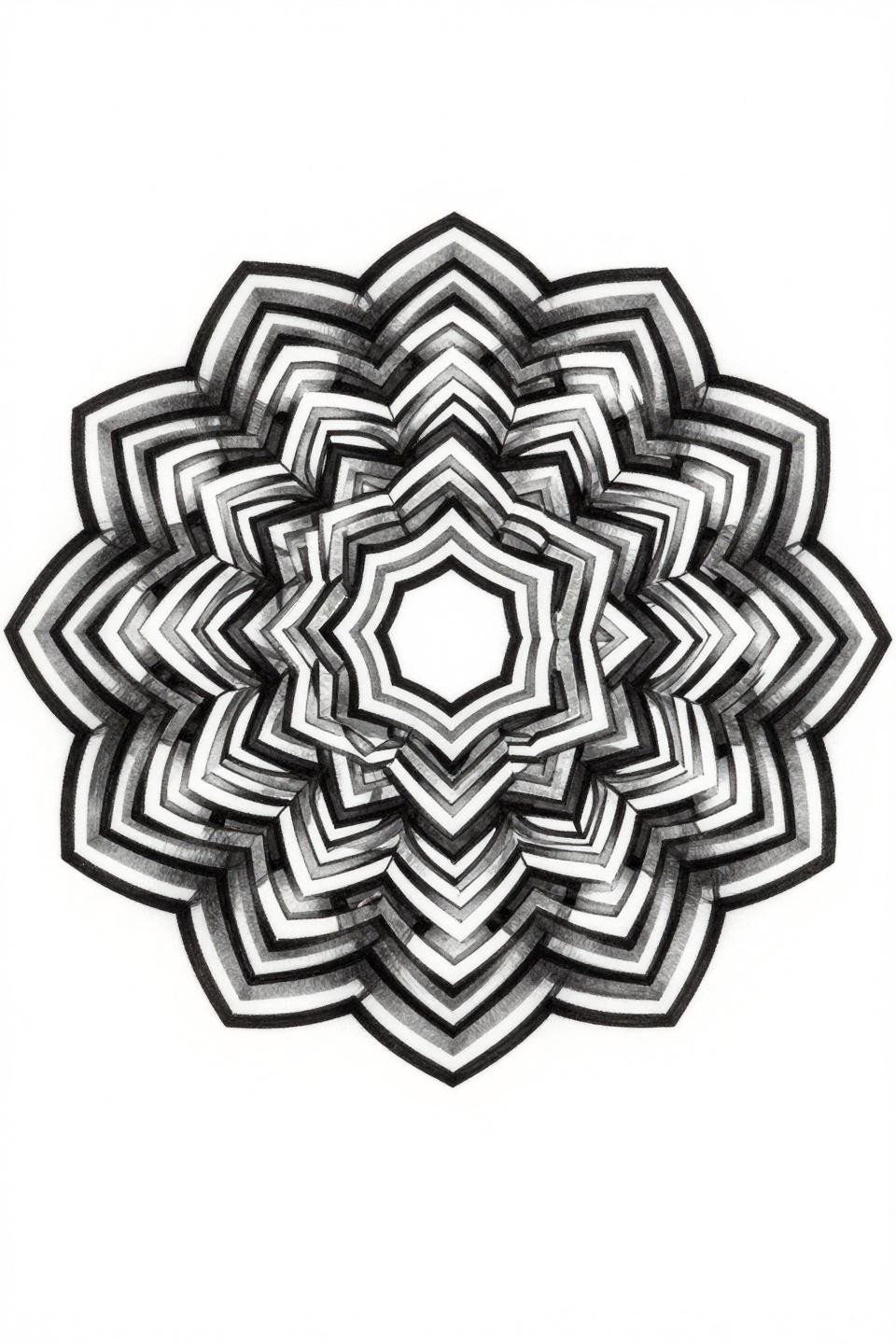 abstract geometric tattoo tribal style pentagon fractal ring mandala flash, nested pentagon subdivisions hexagonal void, bold 2-3pt black outlines flat black fills grey wash