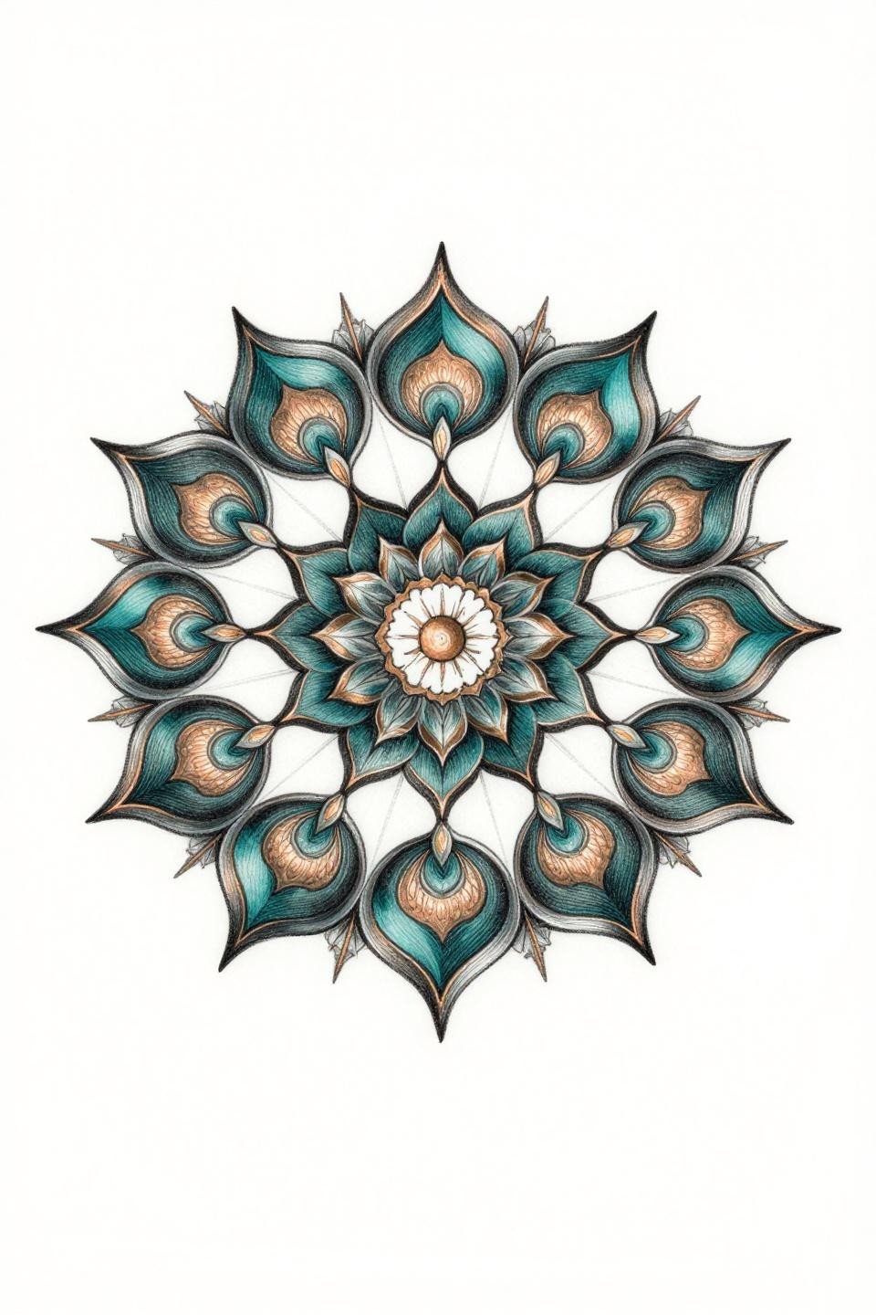 mandala tattoo design botanical fractal flash, golden ratio spiral petal chambers, 12-pointed star boundary, whip shading curved gradient strokes teal ink