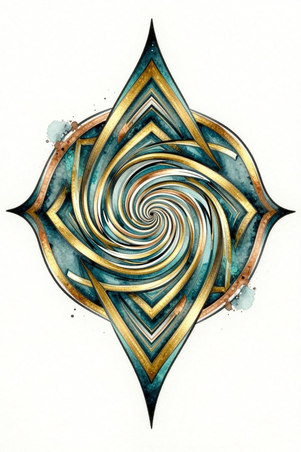 geometric line tattoo watercolor fractal fibonacci spiral mandala flash, golden ratio logarithmic curve recursive triangles, teal copper metallic accent ink calligraphic brush marks