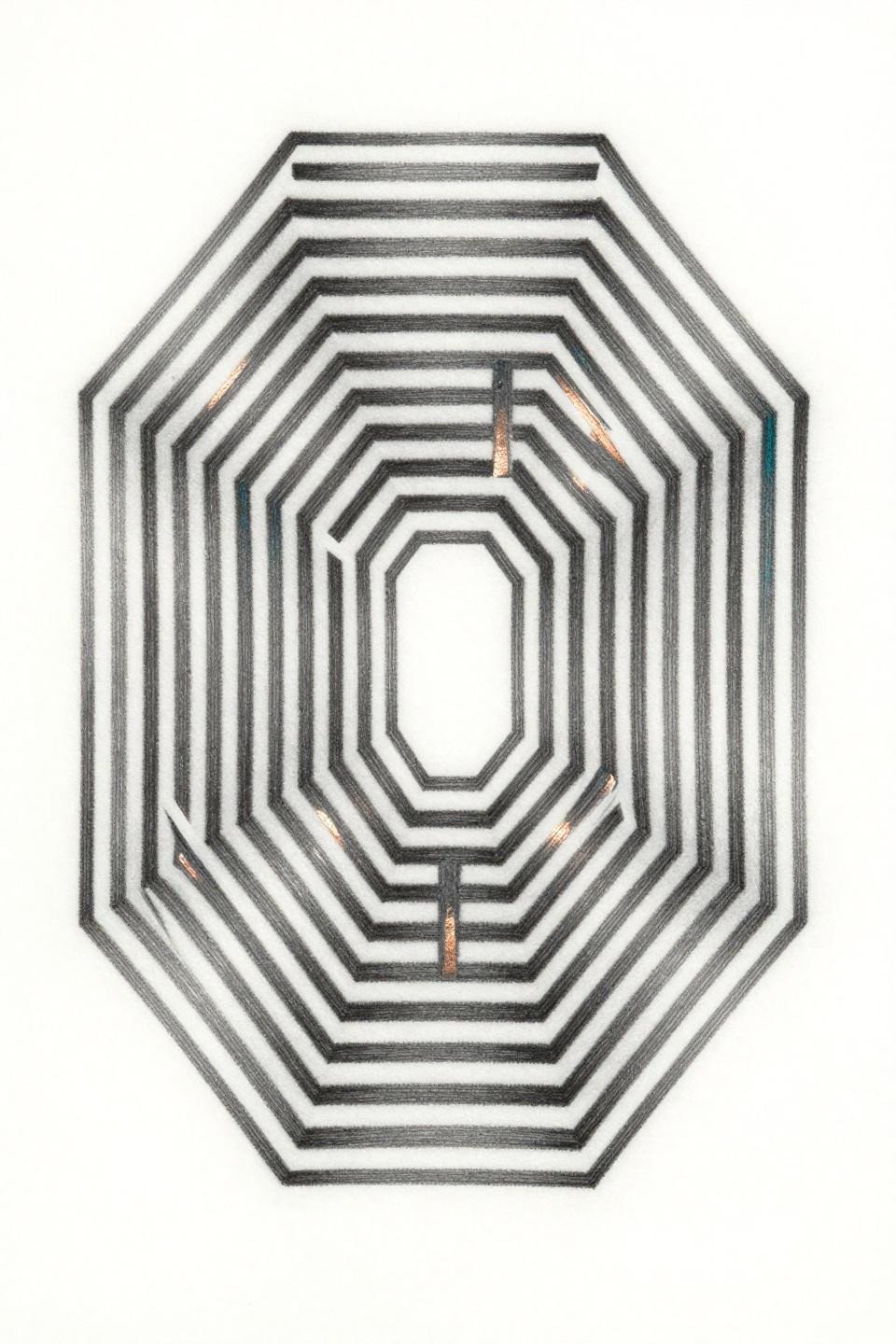 geometric tattoo pattern flash, recursive asymmetric parallelogram labyrinth, grey wash dilution hairline 0.5mm strokes, deep teal copper accent blackwork