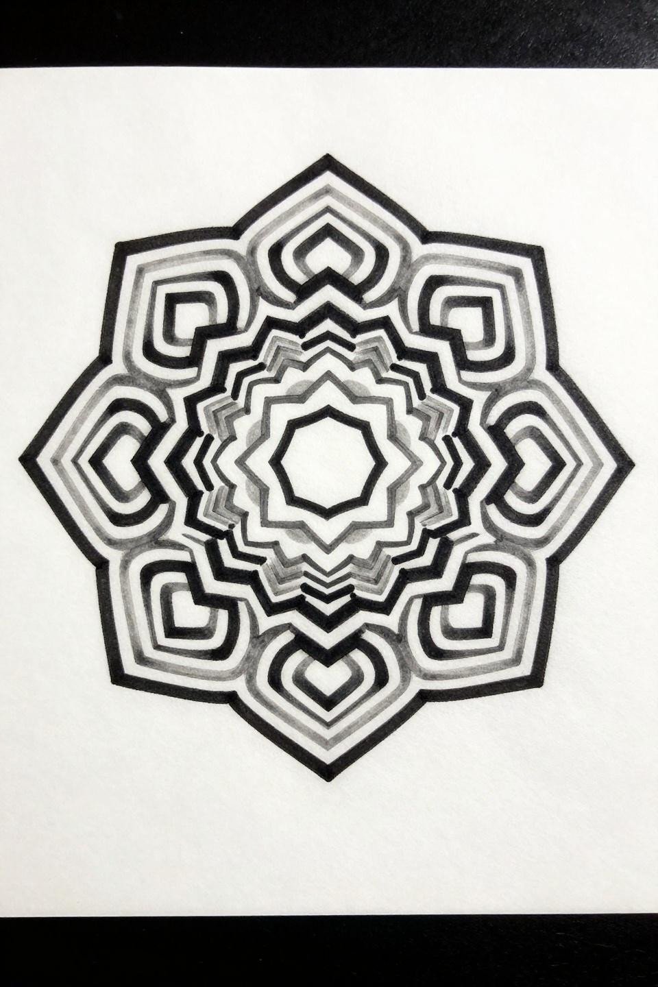 mandala tattoo design Japanese irezumi honeycomb hexagonal lattice flash, recursive square subdivisions four-pointed star void, bold 2-3pt outlines flat ink fills grey wash