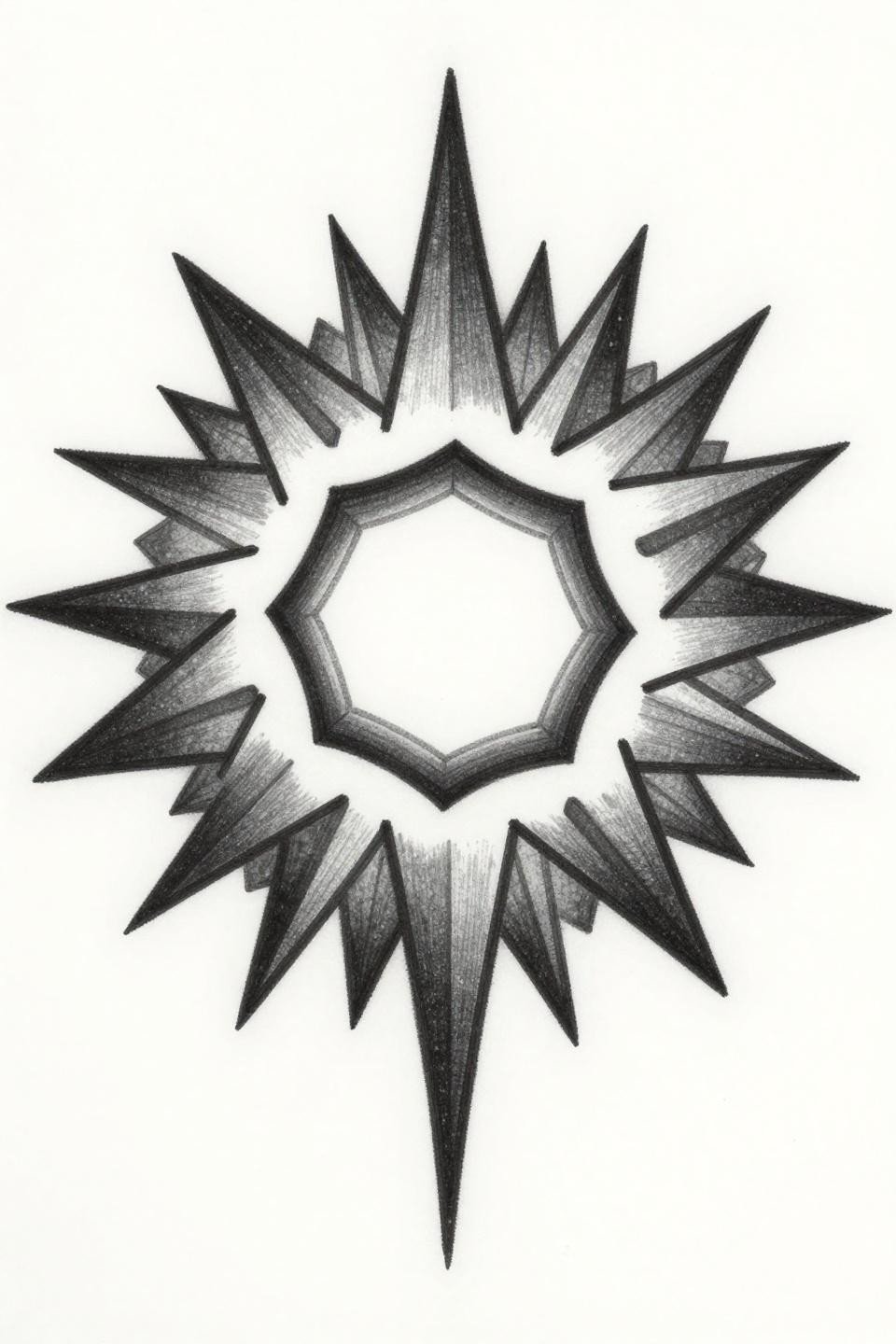 geometric line tattoo ignorant style starburst flash, radiating parallelograms 30-60-90 triangle subdivisions, bold outlines rough hand-drawn quality grey wash midtones