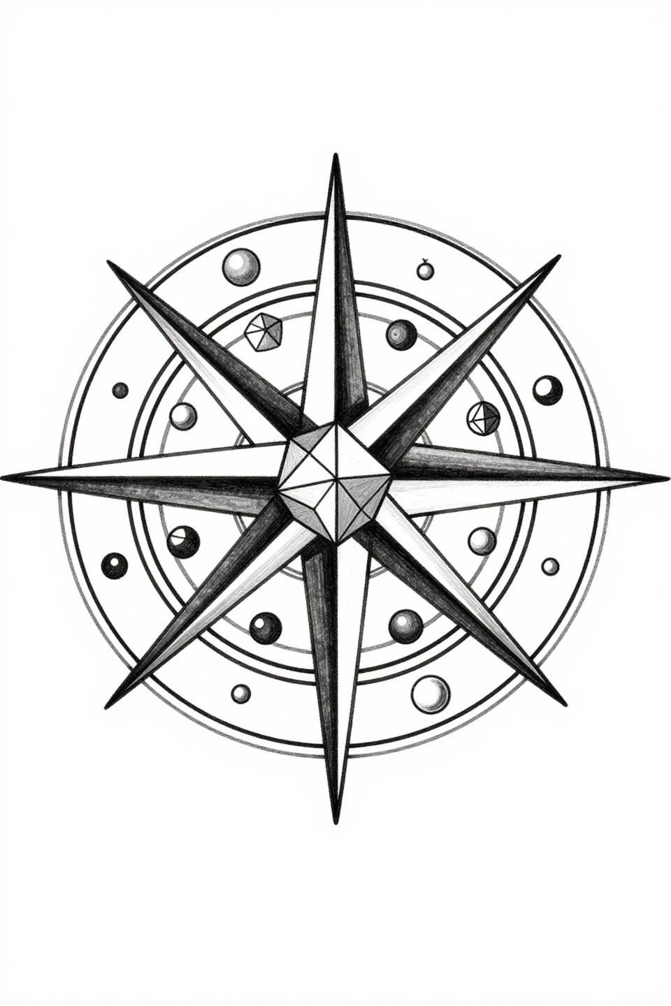 geometry tattoo design sacred geometry universe map flash, interlocking platonic solids tetrahedron cube overlapping circles, compass-drafted 2pt outlines flat fills grey wash midtones
