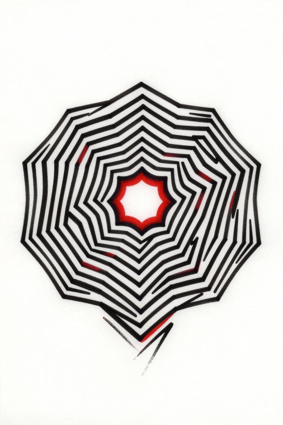 abstract geometric tattoo sak yant style flash, concentric parallelogram labyrinth octagonal frame, bold 2-3pt outlines flat indigo crimson color fills