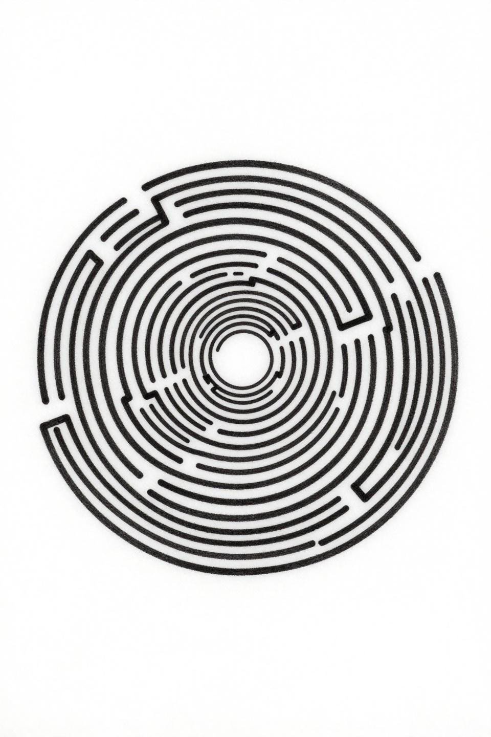 geometry tattoo design fine line minimal spiral labyrinth flash, alternating thick thin concentric rings, hairline 0.5mm single-needle strokes open negative space