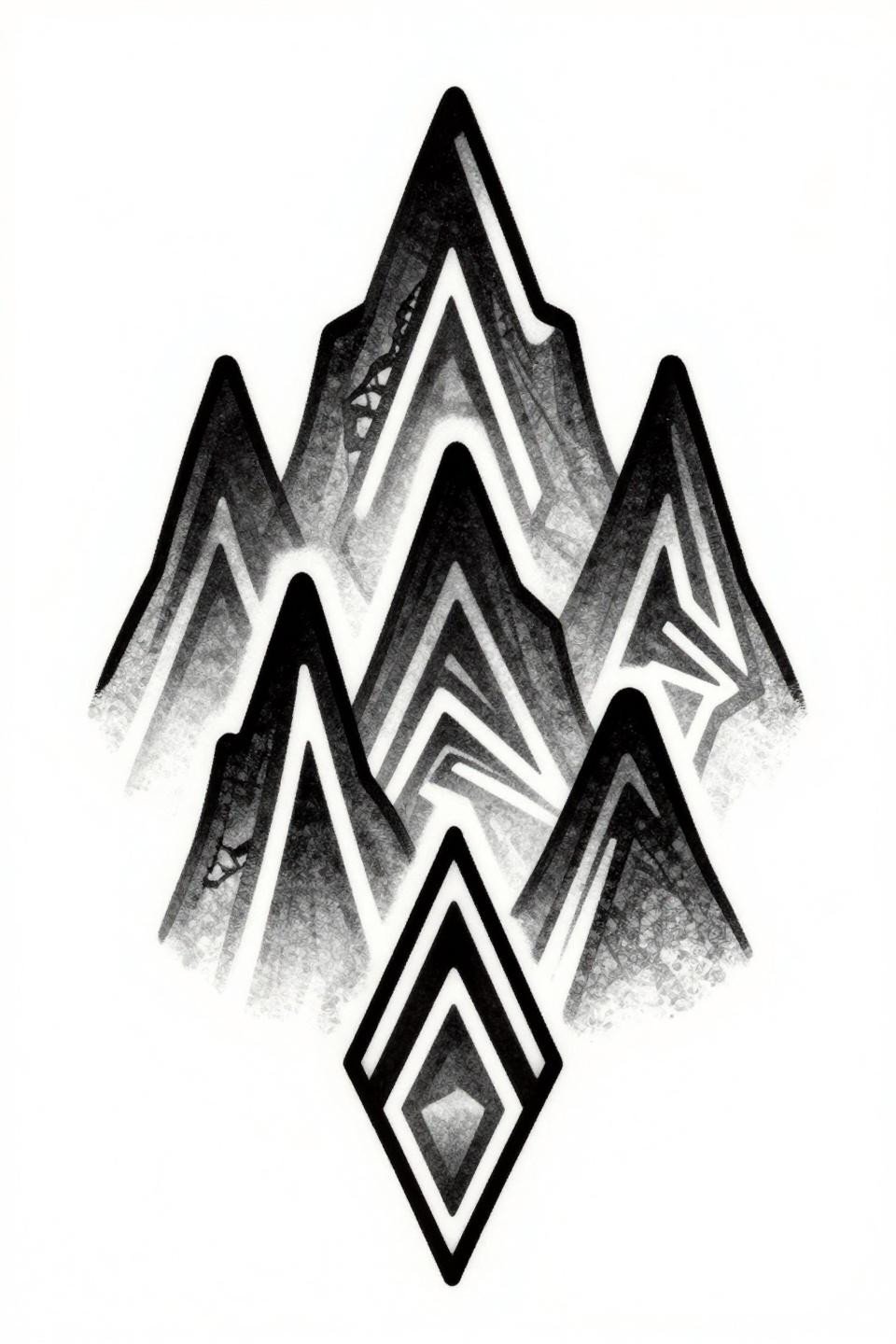 tattoo ideas geometric tribal mountain fractal treeline flash, layered isosceles triangle peaks fractal density, bold 2-3pt outlines flat black fills grey wash depth