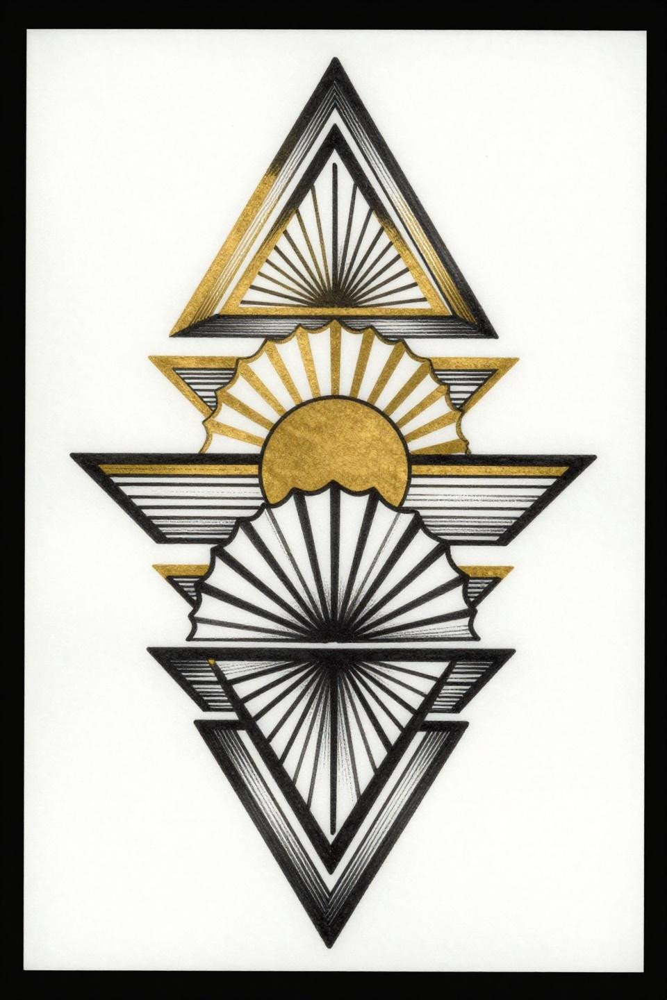 Quarter sleeve tattoo for women, Art Deco stacked triangular frames, central sunburst ruled lines, symmetrical fan motifs, flat gold and solid black ink, compass-ruled geometry