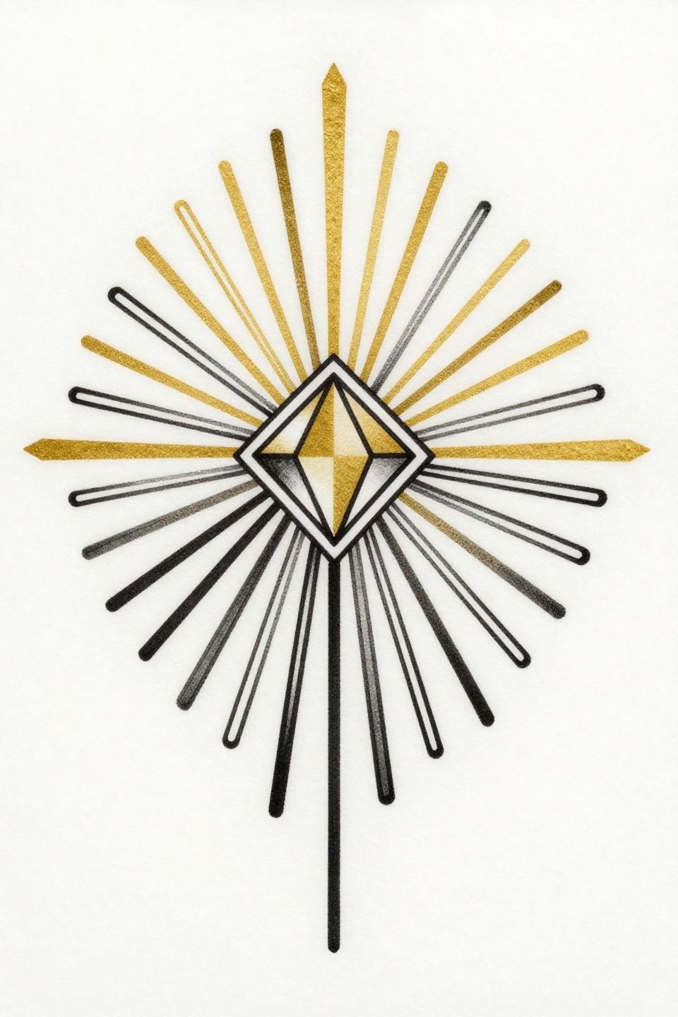 Baddie arm tattoo flash, Art Deco graduated sunburst with central diamond facet, flanking fan blades, stepped rectangular borders, flat gold and solid black ink, parallel ruled engraving