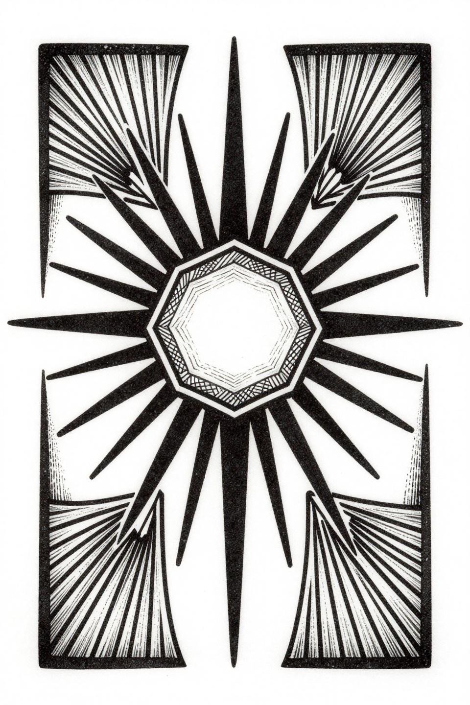 Lower sleeve tattoo for women, etching woodcut Art Deco sunburst, alternating solid and crosshatch sections, dense black ink, stacked vertical composition on white paper