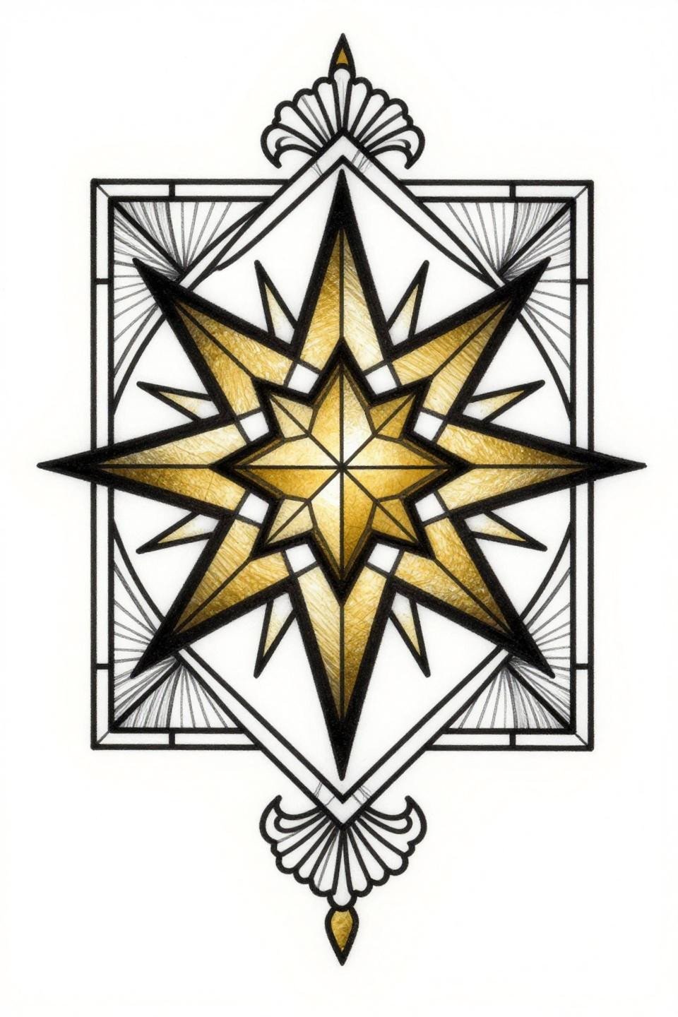 Art Deco half sleeve tattoo flash, stained glass geometric star composition, flat black and burnished gold fills, compass-drafted linework on white paper