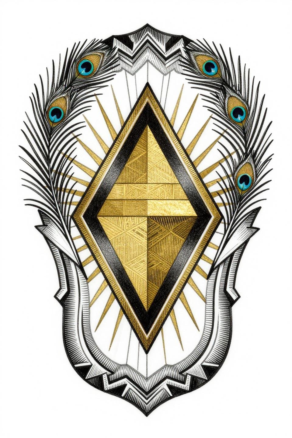 Feminine tattoo sleeve flash, Art Deco stacked diamond frames, stepped triangle centerpiece, peacock feather eye motifs, parallel-line engraving hatching, flat gold and solid black ink