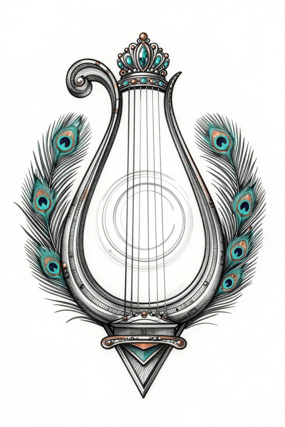 Art Deco women's arm sleeve tattoo flash, geometric lyre with peacock feather flanks, parallel engraving, deep teal and copper on black ink