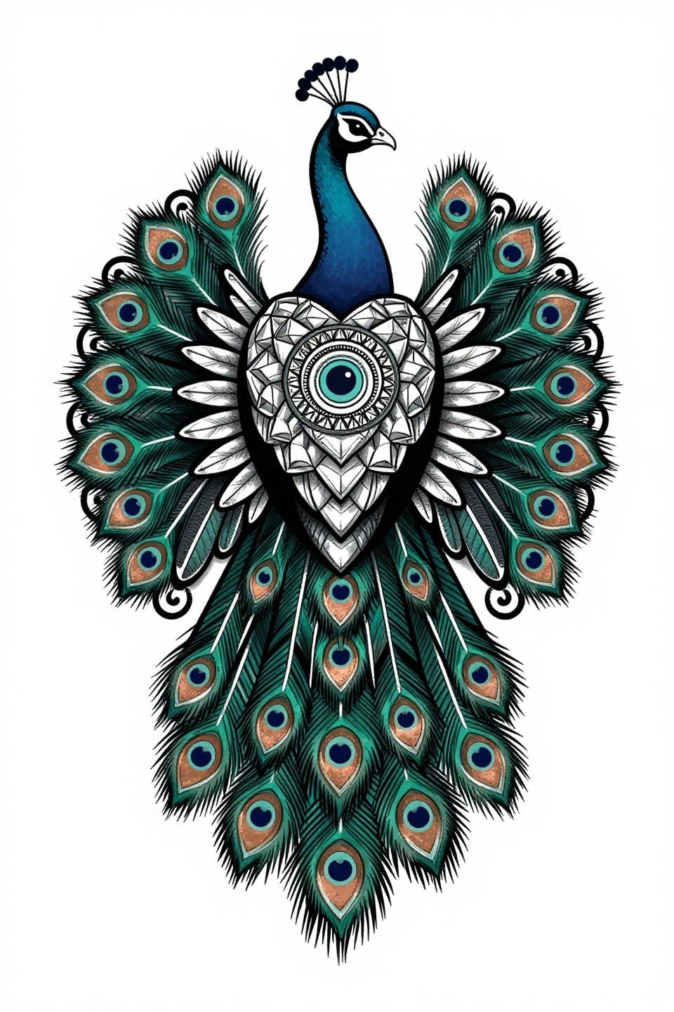 Girly sleeve tattoo flash, Art Deco peacock in full display, stepped diamond tail chambers, bold 2-3pt black outlines, deep teal and copper flat fills