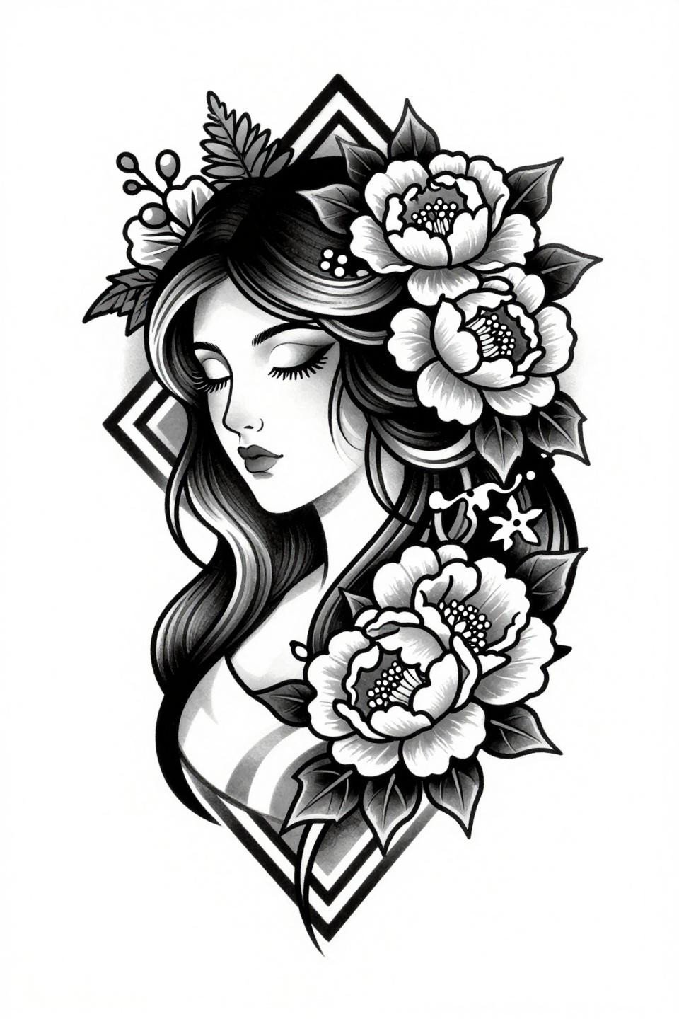 Women's arm sleeve tattoo flash, Art Nouveau female portrait, ivy hair tendrils, peony and fern flower crown, Art Deco geometric border frame, bold outlines grey wash midtones, black ink