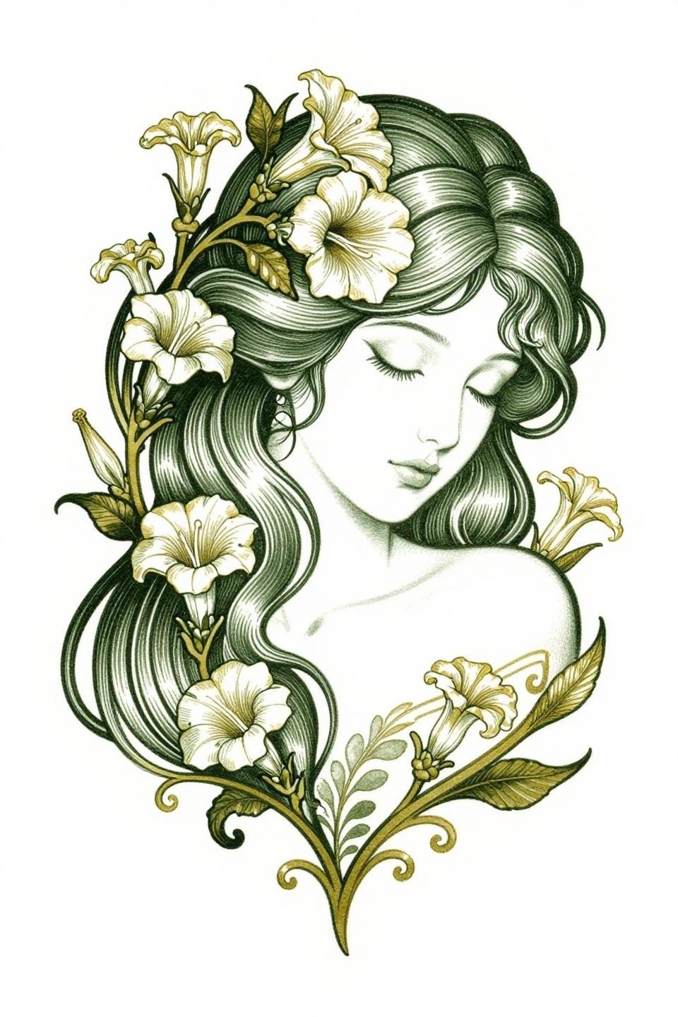 Unique half sleeve tattoo flash, Art Nouveau female portrait, hair tendrils morphing into morning glory vines, hairline single-needle strokes, forest green and gold ink on white