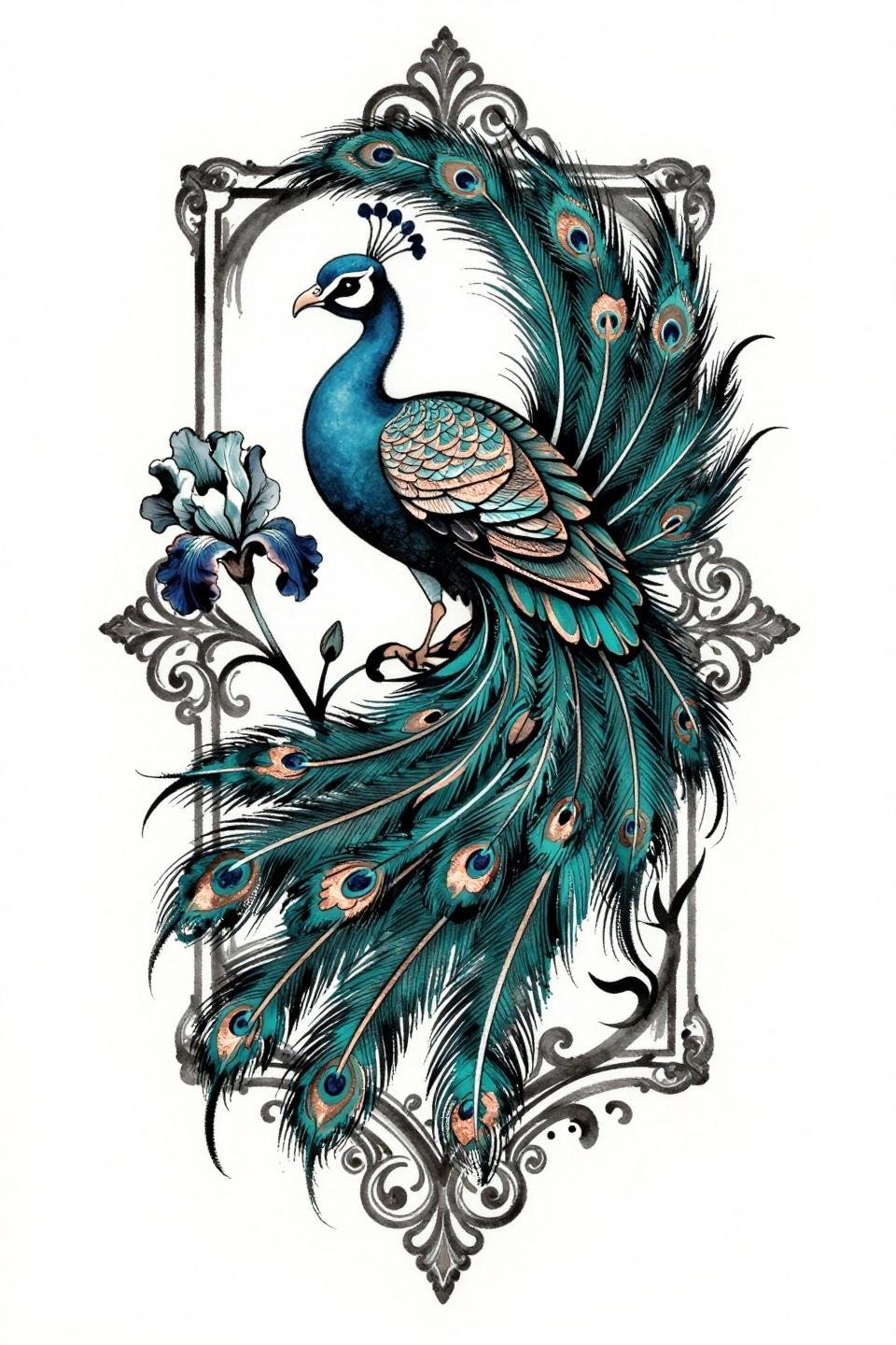 Feminine tattoo sleeve flash, Art Nouveau peacock with iris petal morphing tail, scrolling vine tendrils, calligraphic brush ink, deep teal and copper on black