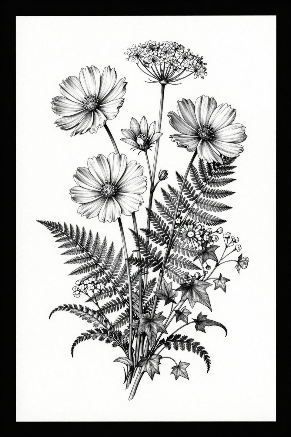 Forearm sleeve tattoo for women, botanical scientific fine line flash, cosmos Queen Anne's lace baby's breath fern ivy, hairline 0.5mm single-needle strokes, black ink no grey wash