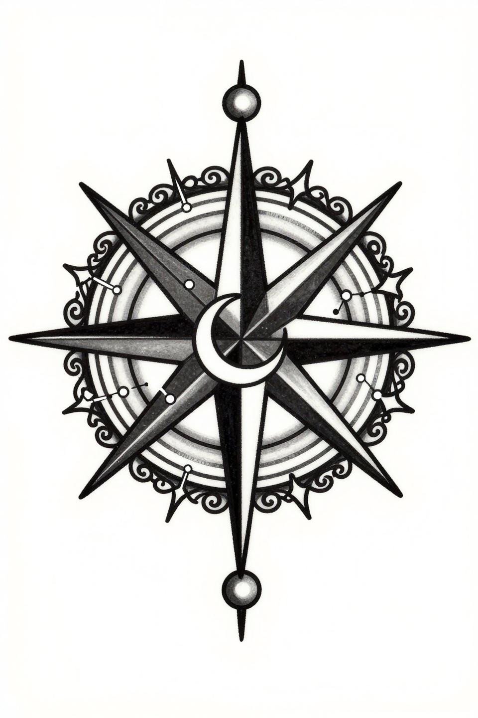 Baddie arm tattoo flash, neo-traditional celestial compass rose, eight-pointed star crescent moon, Ursa Major constellation outer ring, filigree scrollwork, bold outlines grey wash midtones