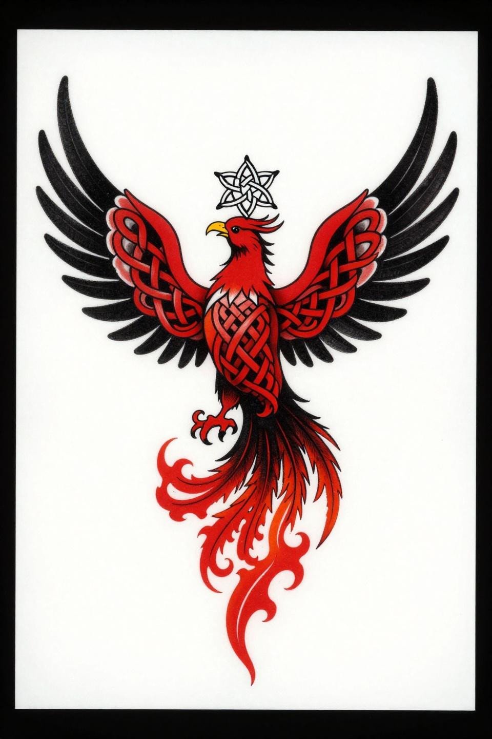 Lower sleeve tattoo for women, Celtic knotwork phoenix rising, interlaced tail feather scrolls, tight knotwork wing passages, bold 2-3pt black outlines, crimson red accent on black ink