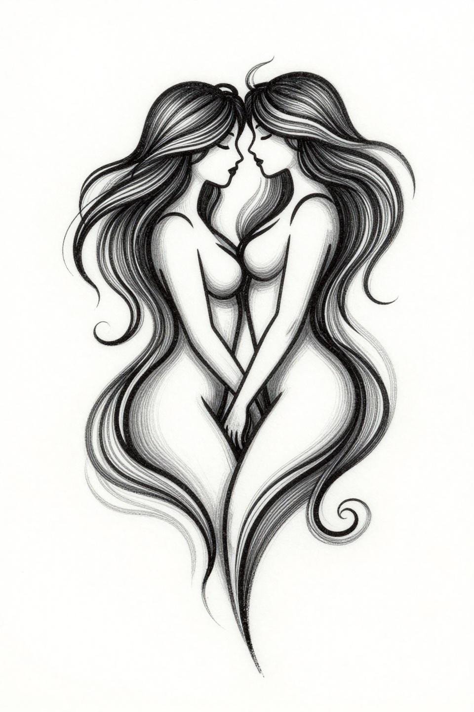 Girly sleeve tattoo flash, continuous single line feminine silhouettes forming abstract floral, calligraphic brush ink, unbroken line zero fill zero grey wash, black ink on white