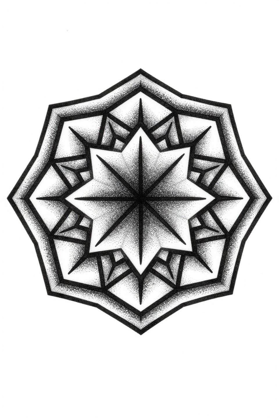 Female sleeve tattoo idea, blackwork dotwork geometric mandala, hexagonal grid six-pointed star, stipple dot gradient dense center to open edges, high-contrast negative space carving, black ink
