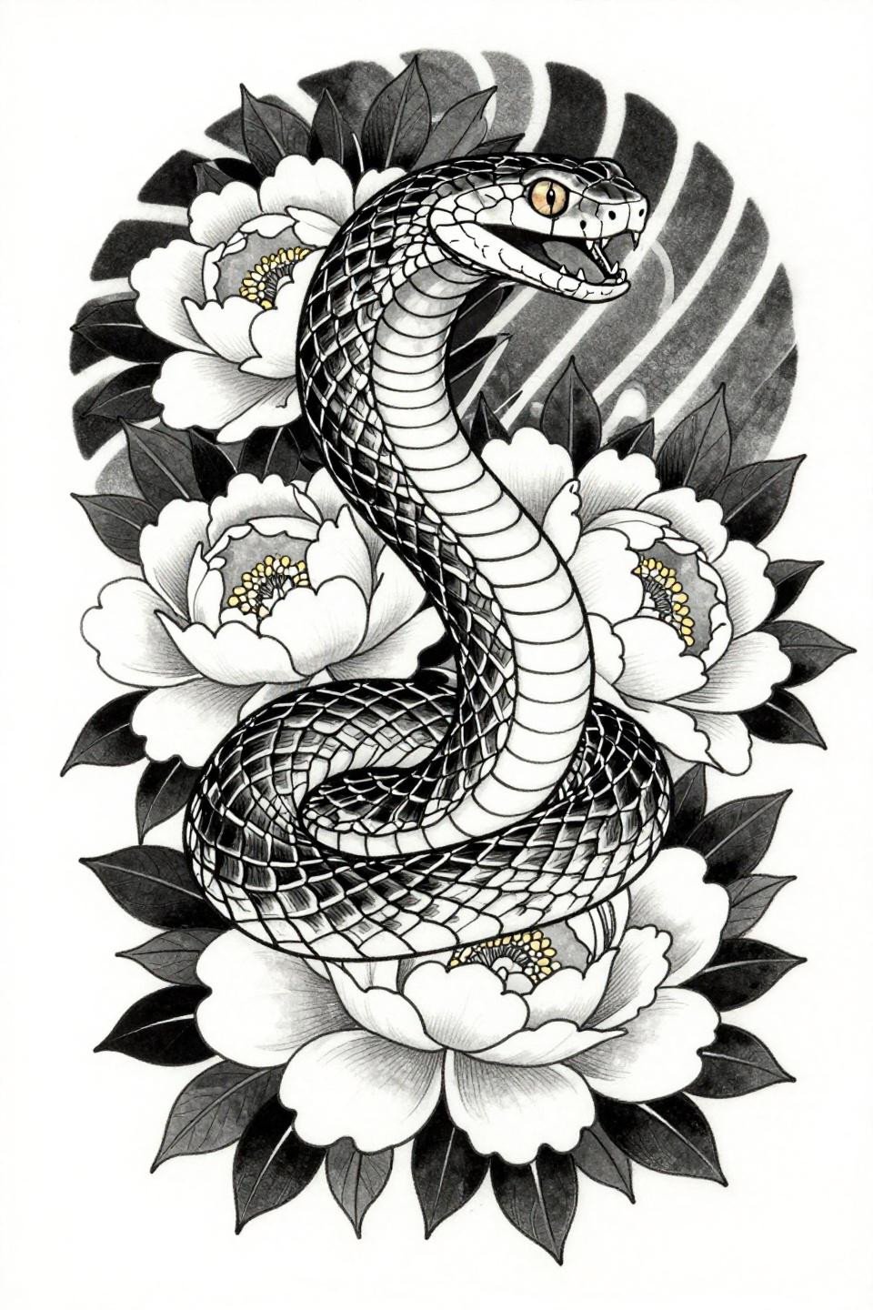 Unique half sleeve tattoo flash, Japanese irezumi coiled viper in peony blossoms, serpent scales in parallel-line hatching, bold black outlines, asymmetric vertical flowing composition, black ink