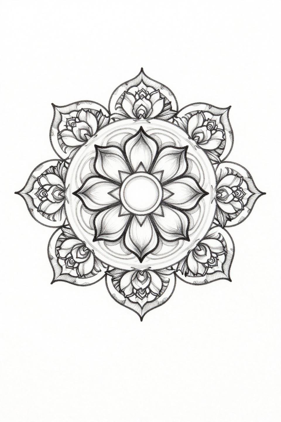 Upper arm tattoo for women, fine line mandala flash, central lotus four-petal cardinal bloom, rose vine outer ring, hairline single-needle 0.5mm strokes, grey wash midtones