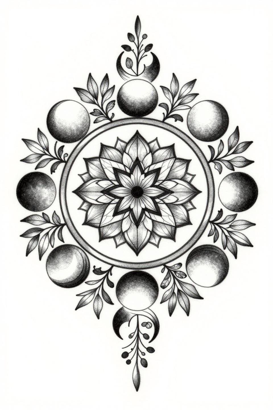 Quarter sleeve tattoo for women, Art Nouveau moon phase mandala, crescent to full moon progression, geometric lotus petals, sinuous botanical vine outer ring, hairline single-needle strokes, grey wash