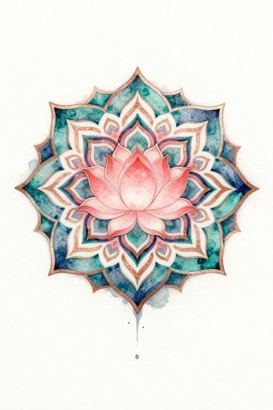 Upper arm tattoo for women, watercolor splash mandala lotus, coral pink gradient wash, teal and deep indigo geometric petals, organic ink diffusion blurred edges, calligraphic wet ink marks