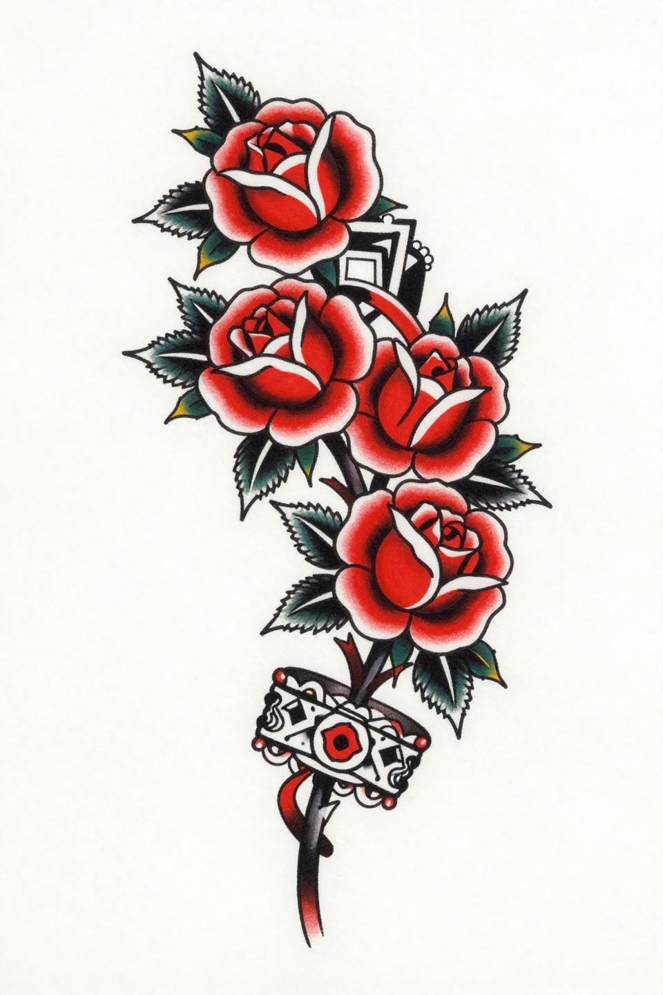 Women's arm sleeve traditional American tattoo flash, intertwined roses thorned stems, lace cuff border, geometric mandala medallion, crimson red and solid black flat fills, bold outlines