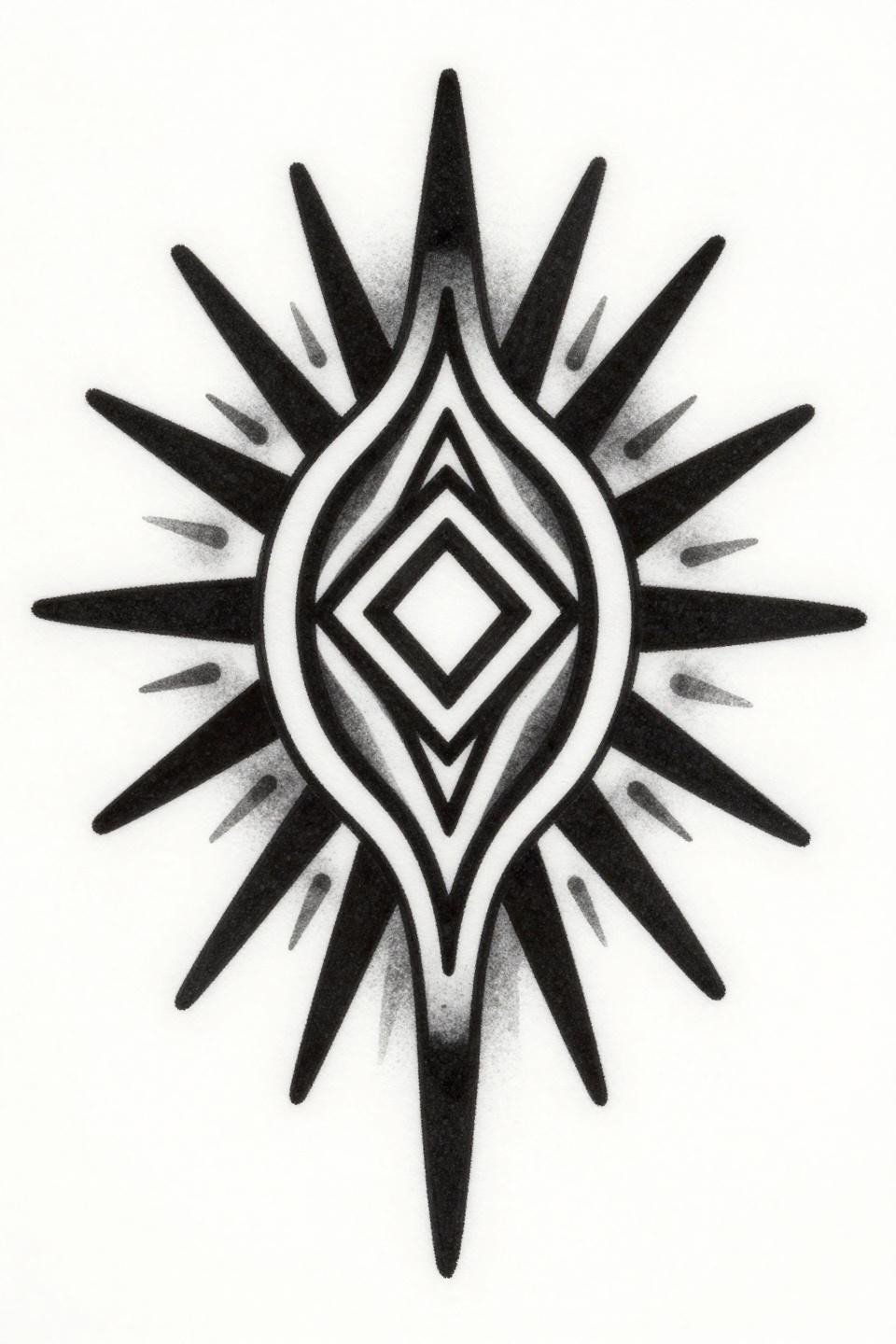 Female sleeve tattoo idea, tribal geometric stacked sunburst flash, solid filled rays, central diamond lozenge, bold 3pt black outlines, flat solid black fills, high contrast