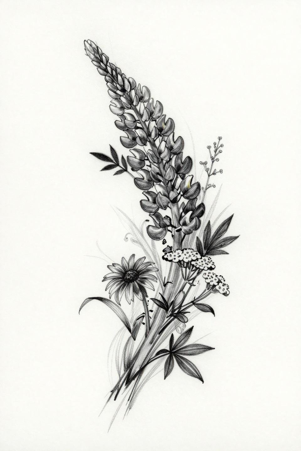 Forearm sleeve tattoo for women, sketch style wildflower cascade, lupine yarrow black-eyed susan, loose gestural linework, grey wash whip shading, asymmetric vertical composition