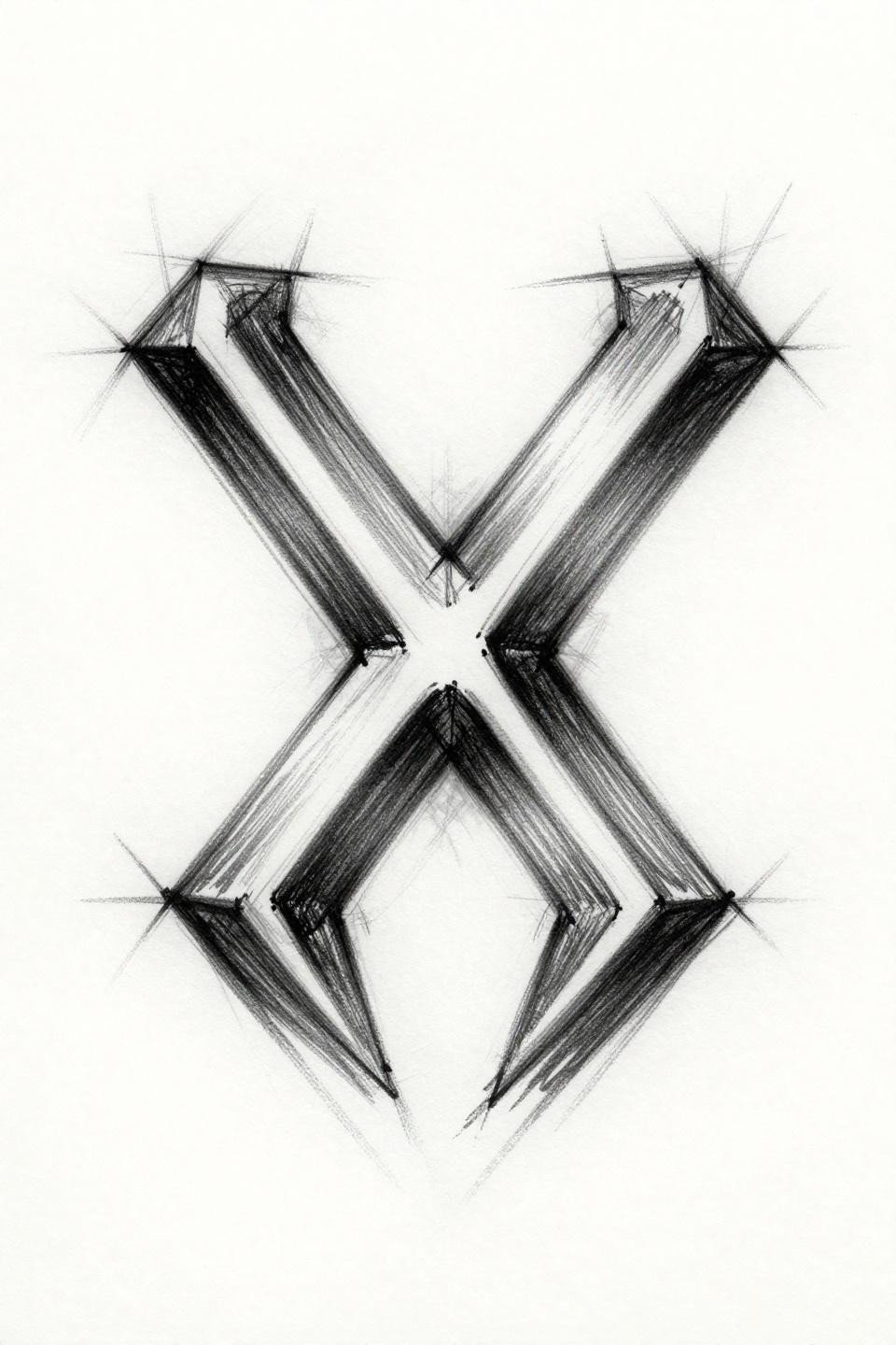 Cool hand tattoo sketch raw style angular bracket sigil flash, visible construction lines, gestural pencil strokes, bold 2-3pt raw outlines on white paper