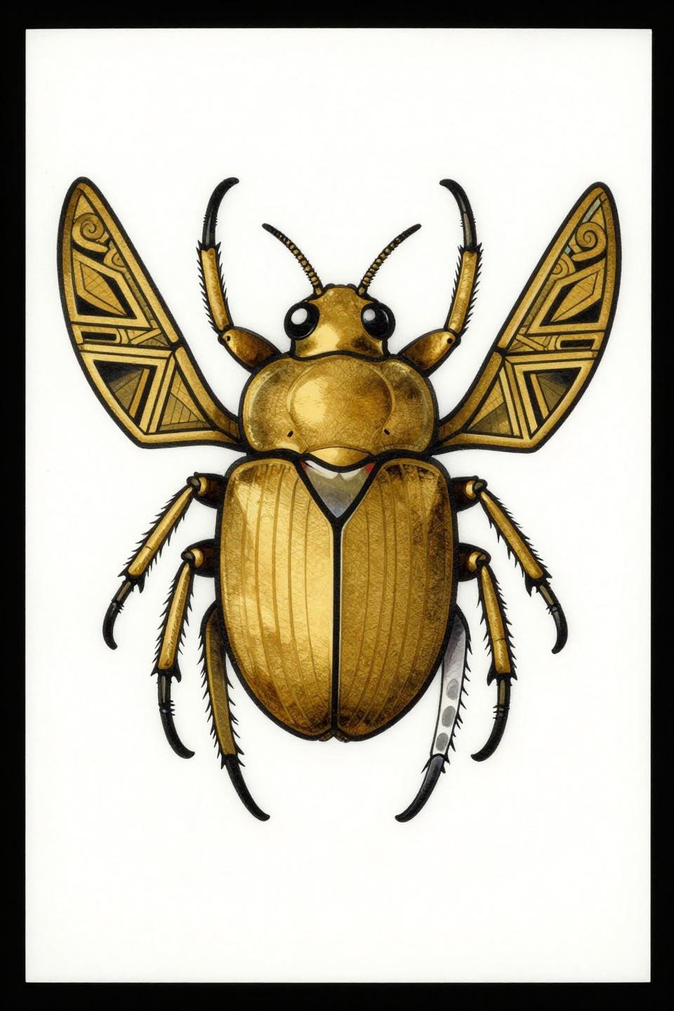 Hand tats for women art deco scarab beetle flash, gold and black flat fills, geometric art deco wing panel inlay, bold 2-3pt outlines bilateral symmetry on white paper