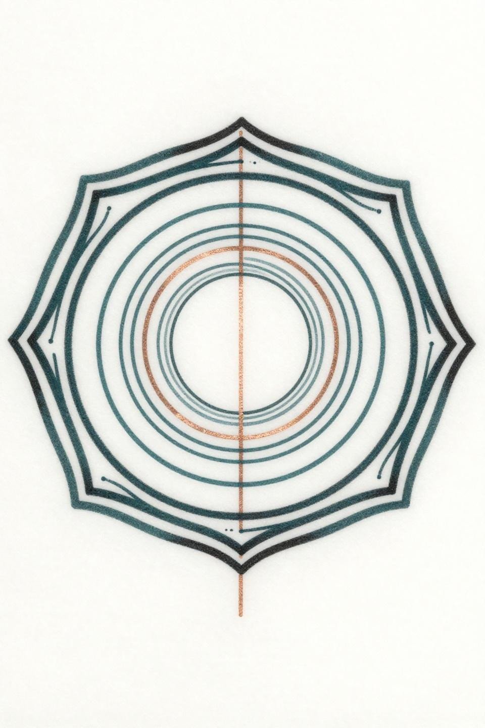 Aesthetic hand tattoo art nouveau geometric hexagon mandala flash, deep teal ink with copper metallic accent, nested concentric circles, organic border curves on white paper