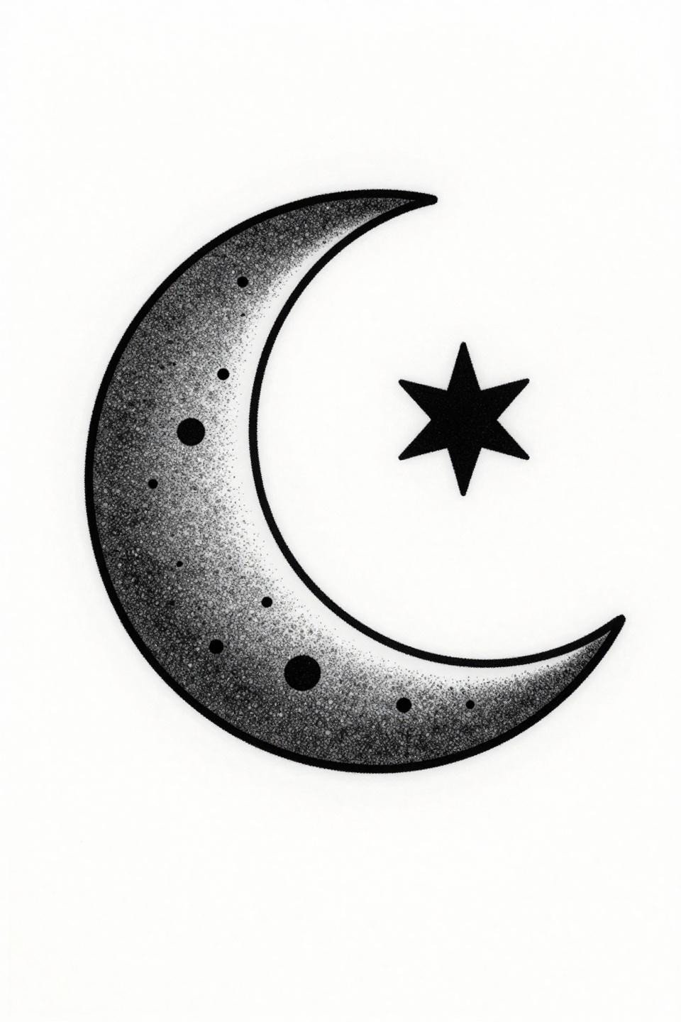 Hand tatts blackwork dotwork crescent moon flash, stipple dot gradient dense at core fading to open edges, geometric star point in concave curve on white paper