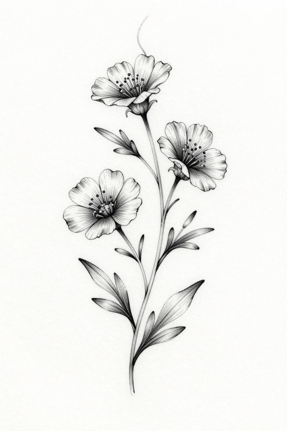 Hand tattoo ideas female botanical fine line flash, three blooming wildflowers on minimal stem, hairline 0.5mm single-needle strokes, asymmetric organic curves on white paper