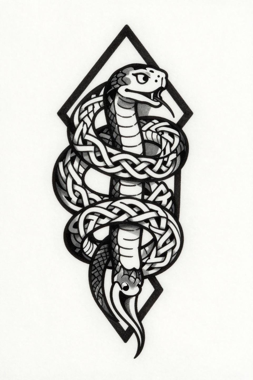 Hand tattoo design Celtic knotwork serpent flash, bold vertical diamond frame, interlocking knot body segments, bold 2-3pt black outlines with flat fills on white paper