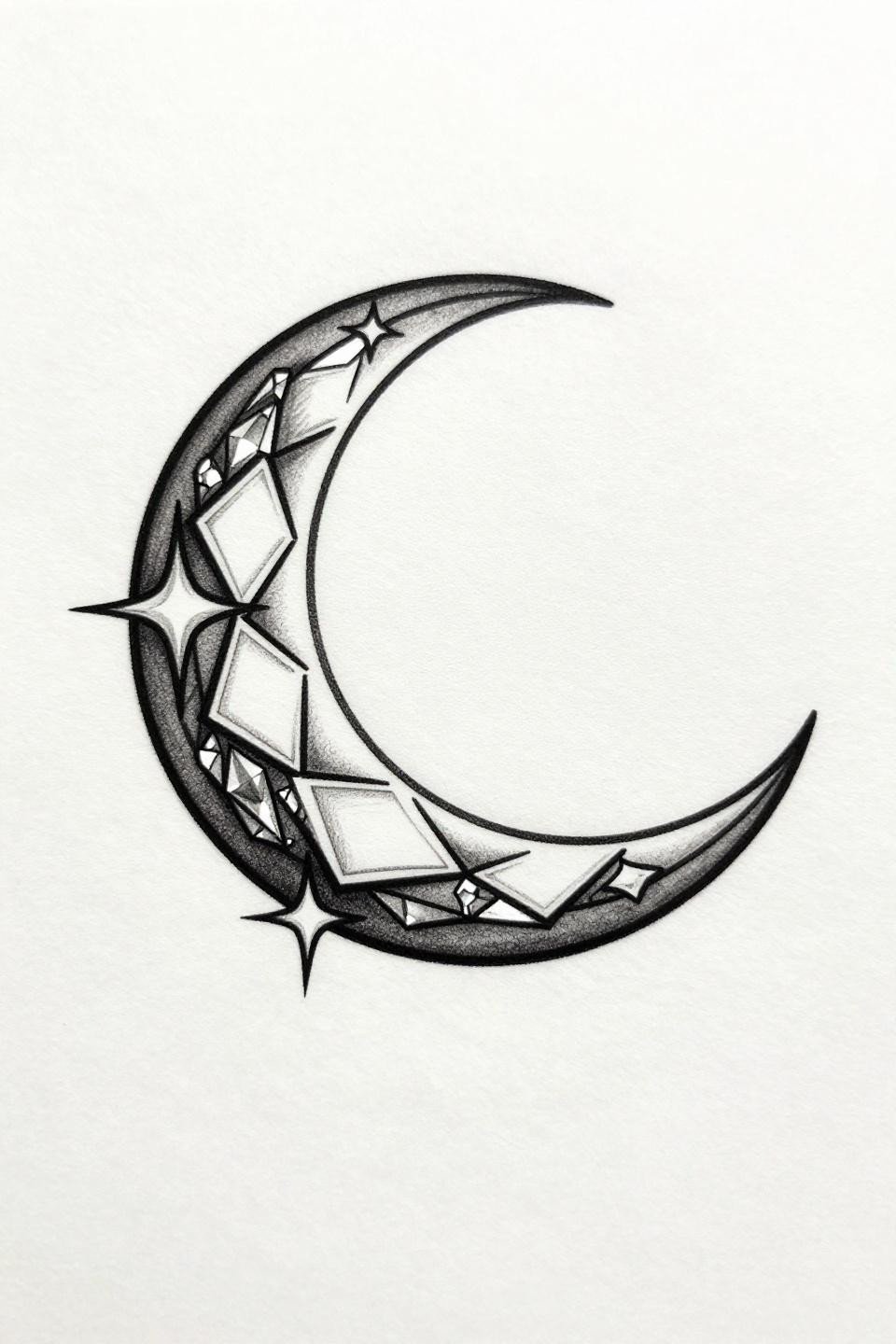 Hand tattoo ideas female fine line geometric crescent moon flash, crystalline facets along inner curve, 0.5mm single-needle strokes, zero fills open negative space on white paper