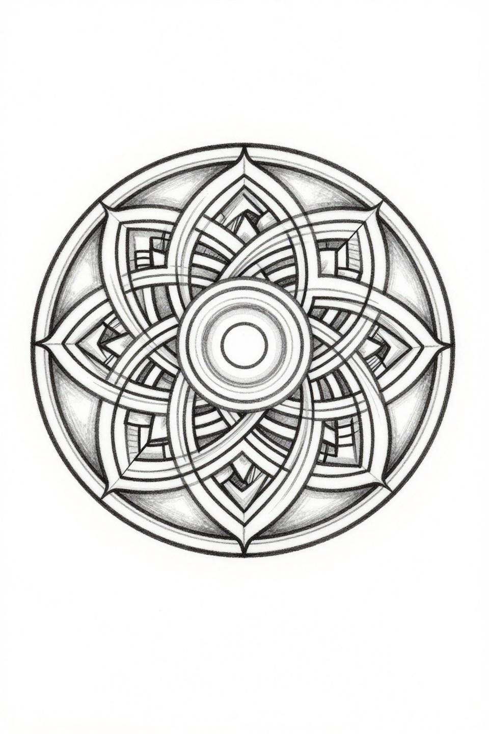 Finger tat fine line sacred geometry mandala flash, interlocking circles at compass-drafted intervals, 0.5mm single-needle strokes, bilateral symmetry centered dot accent on white paper