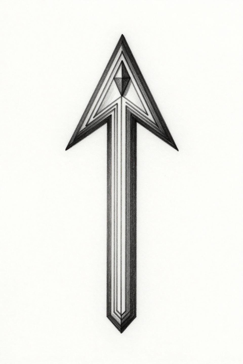 Inside finger tattoo geometric arrow micro-realism flash, nested parallel lines along shaft, diamond apex accent, hairline 0.5mm single-needle strokes on white paper